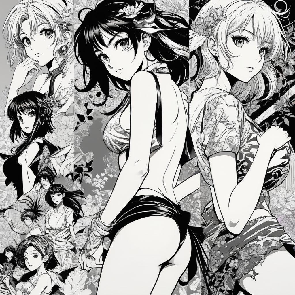 A vibrant collage illustrating the transition from manga panels to dynamic anime scenes, featuring iconic characters in playful yet suggestive poses. Incorporate elements of adult entertainment subtly, such as stylized, sensual motifs in the background. Showcase the evolution timeline from black and white drawings to colorful, intricately detailed anime frames. Use a modern, artistic flair that captures the essence of both mediums. vivid colors. 3D effect.