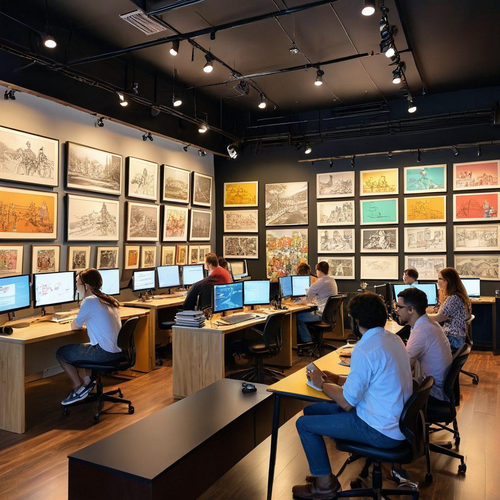 A dynamic scene showcasing a behind-the-scenes glimpse of an animated studio, featuring client service representatives engaging with diverse adult animation characters. Capture the vibrant colors of animation art on screens, with lively discussions and sketches in the background. Include elements like animation storyboards, a cozy studio atmosphere, and clients interacting with artists. Super-realistic. Vintage style. Bright colors.